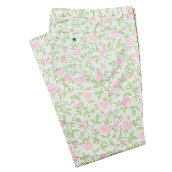 Mens 34 Floral Pants Pink Green Rose Print Cotton Flat Front Straight Trousers